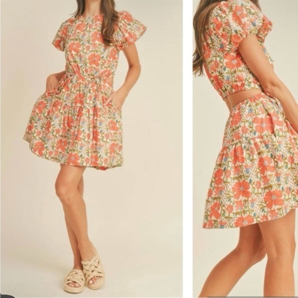 NWT &Merci Cream‎ Orange Floral Puff Sleeve Back Cut Out Lindsay SunDress